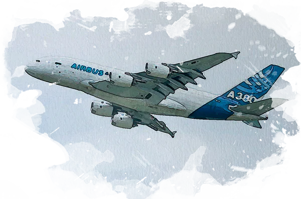 Un A380 dans le ciel de Toulouse, à l'aquarelle