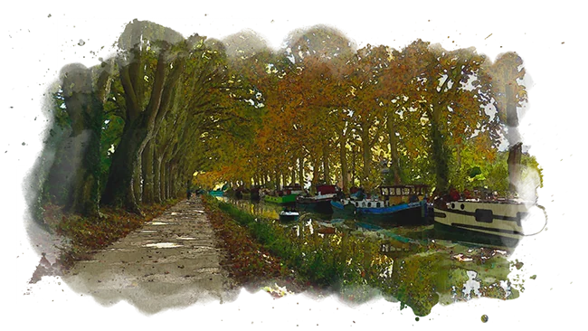 Le canal du Midi à l'automne, à l'aquarelle